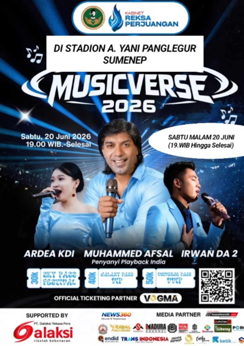 Foto: Event spektakuler bertajuk Musicverse 2026 akan digelar di Stadion A. Yani Panglegur Sumenep pada Sabtu, 20 Juni 2026, mulai pukul 19.00 WIB